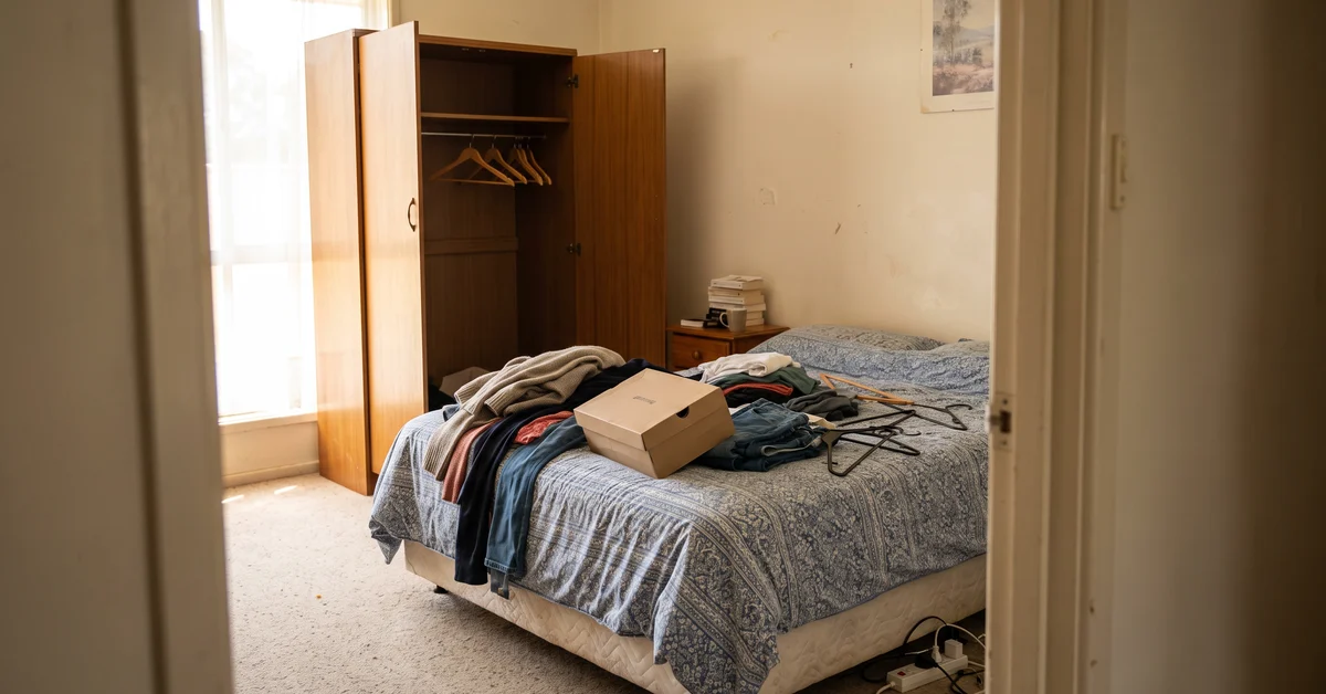A cluttered bedroom with an open wooden wardrobe, clothes piled on a blue patterned bedspread, and a cardboard box resting on the bed.