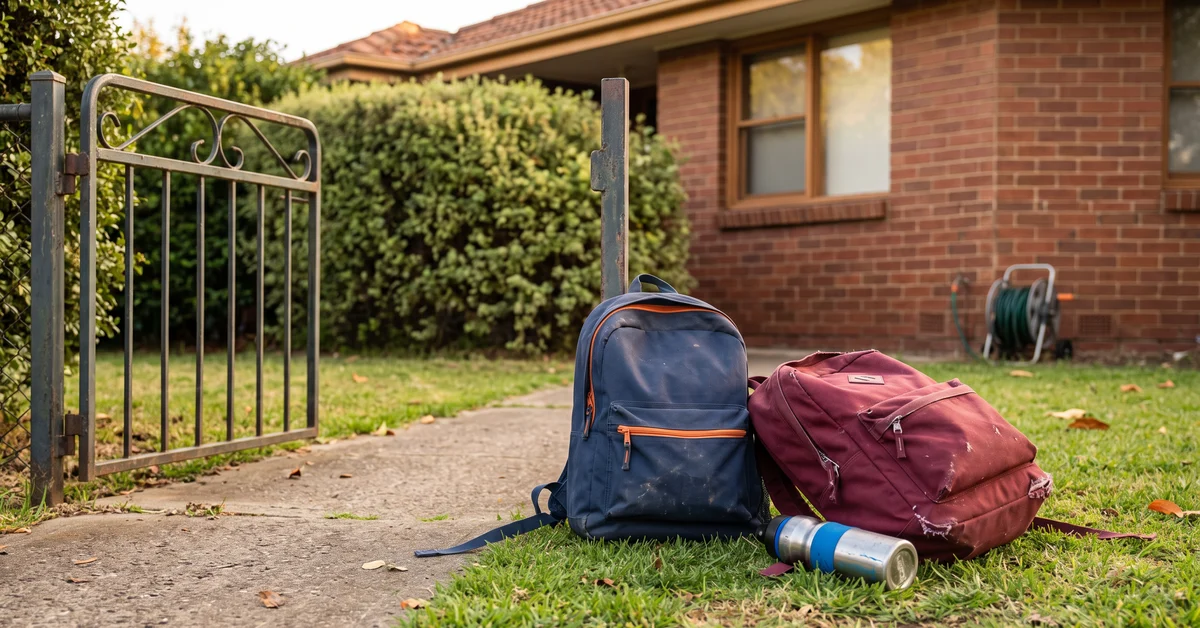 Two school backpacks on a front lawn beside an open gate