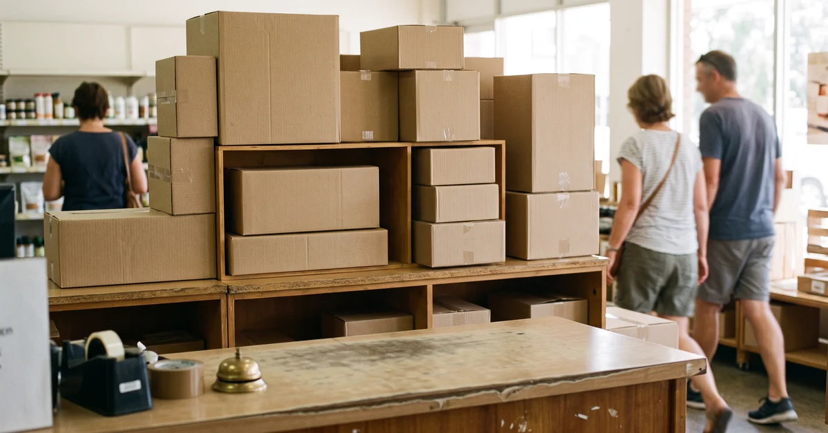 Parcel collection counter with stacked boxes