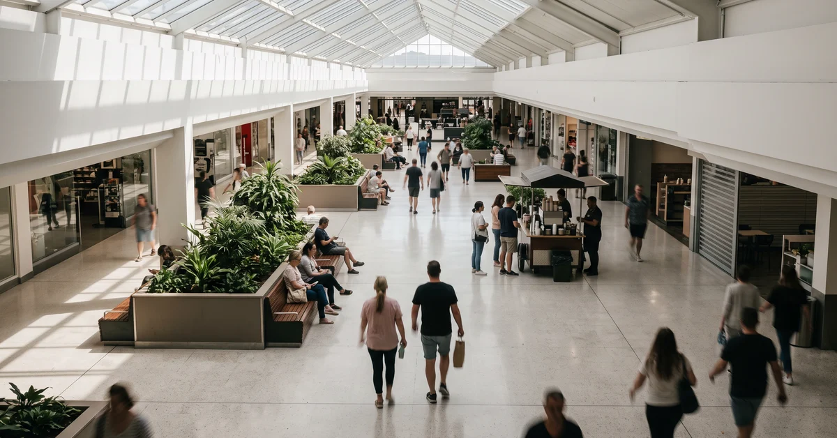 Busy shopping centre concourse during trading