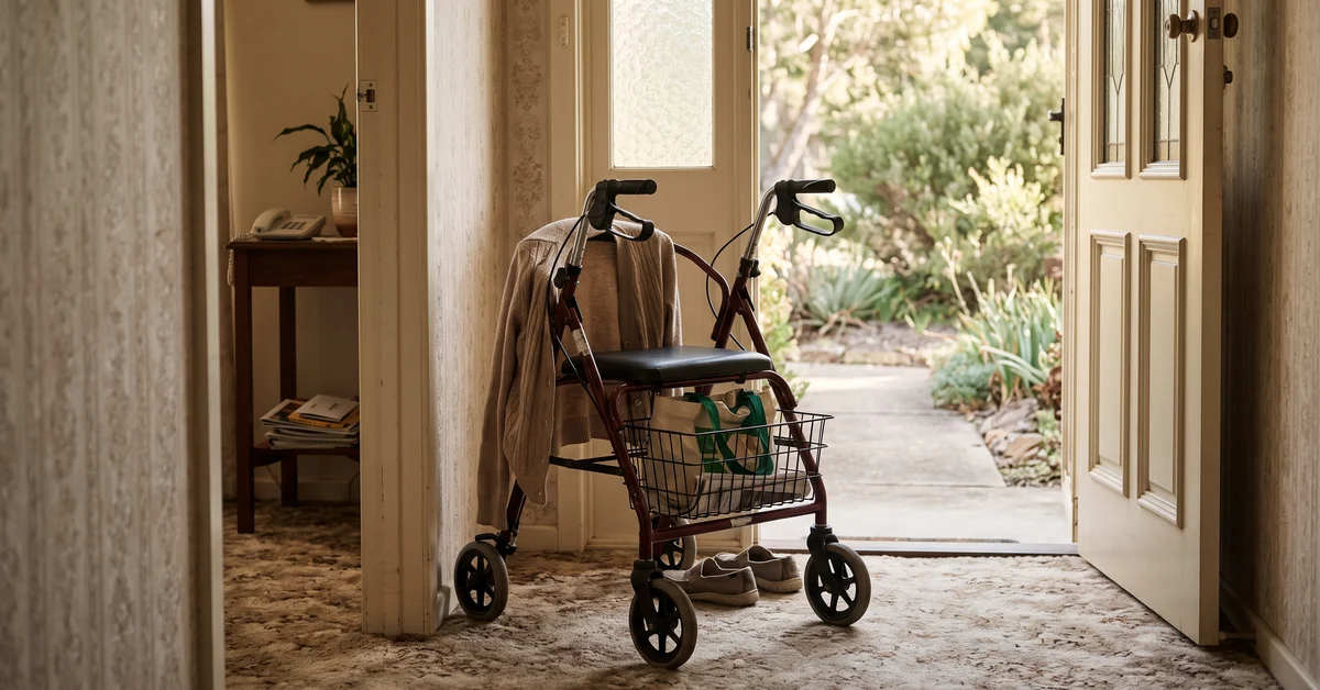 Wheeled walking frame parked beside a front door