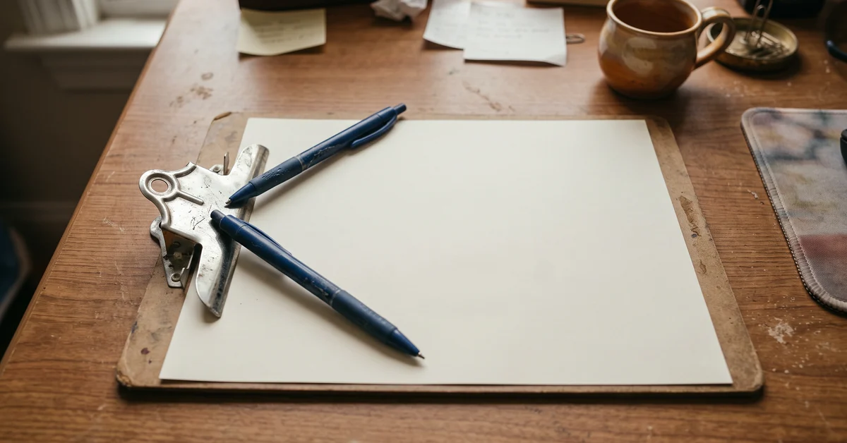 Clipboard with a blank sheet and two blue pens crossed on top, set on a wooden desk with a mug and scattered papers nearby.