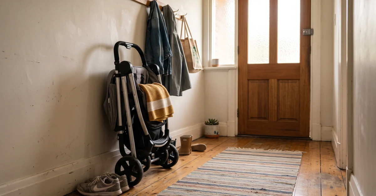 Entryway scene with a folded baby stroller against the wall, coats on hooks, and a striped rug leading to a wooden front door.