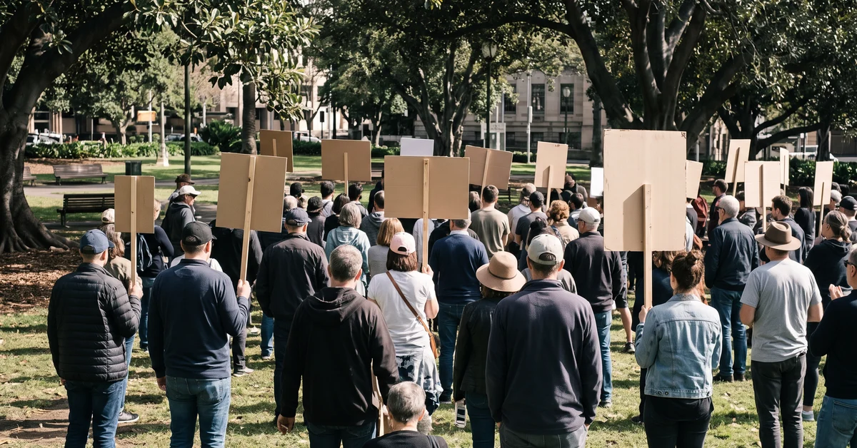 Peaceful daytime rally with people holding blank placards
