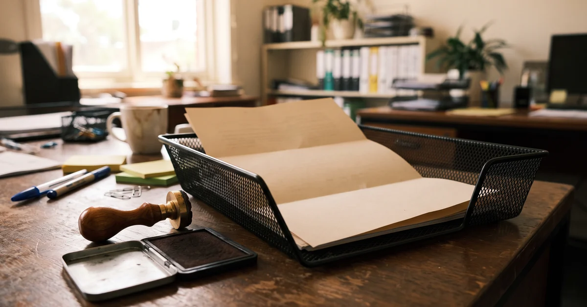 Single folded document in a wire out-tray with a rubber stamp