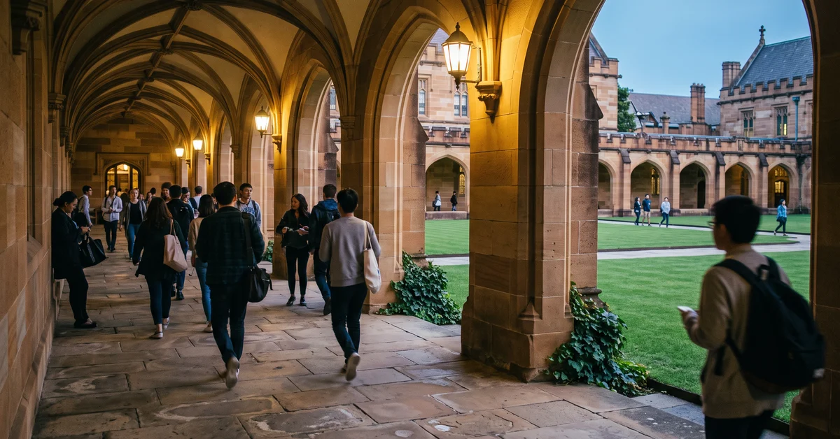 Sandstone university cloister at dusk