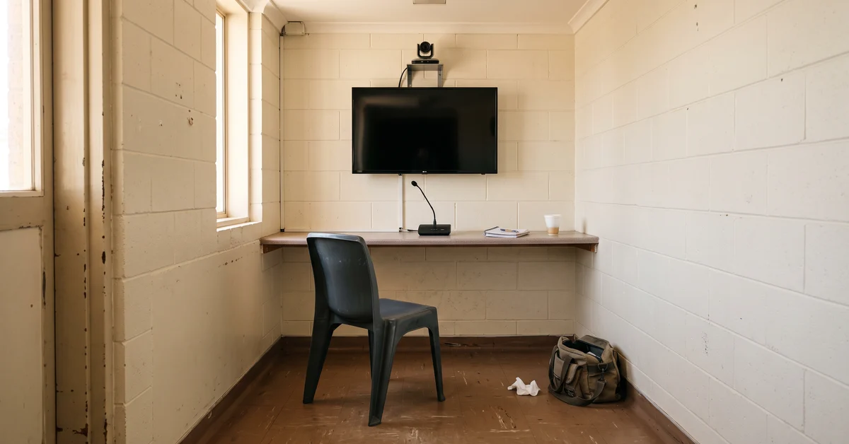 Empty chair facing a blank screen and camera in a small video link room