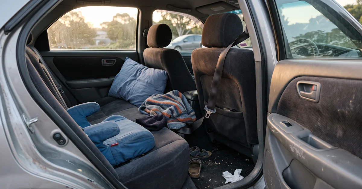 Back seat of a car cluttered with blue cushions, a striped blanket, and debris on the floor outside the seats.