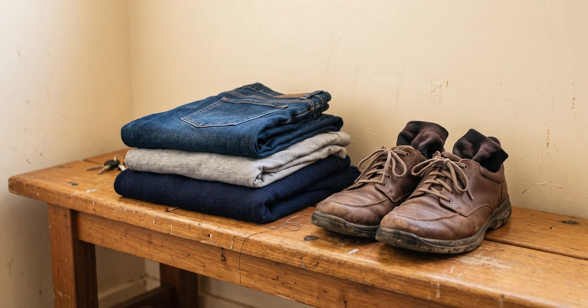 Folded civilian clothes and shoes waiting on a bare bench