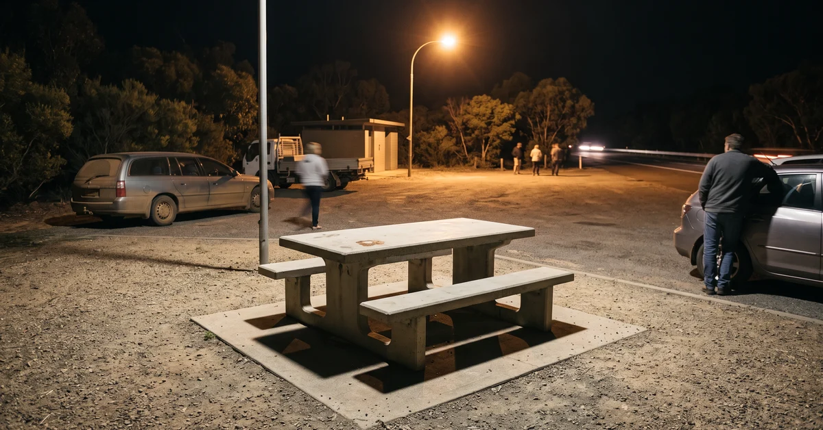 Concrete picnic table under a streetlamp in a gravel parking area at night, with cars and a small building in the background.