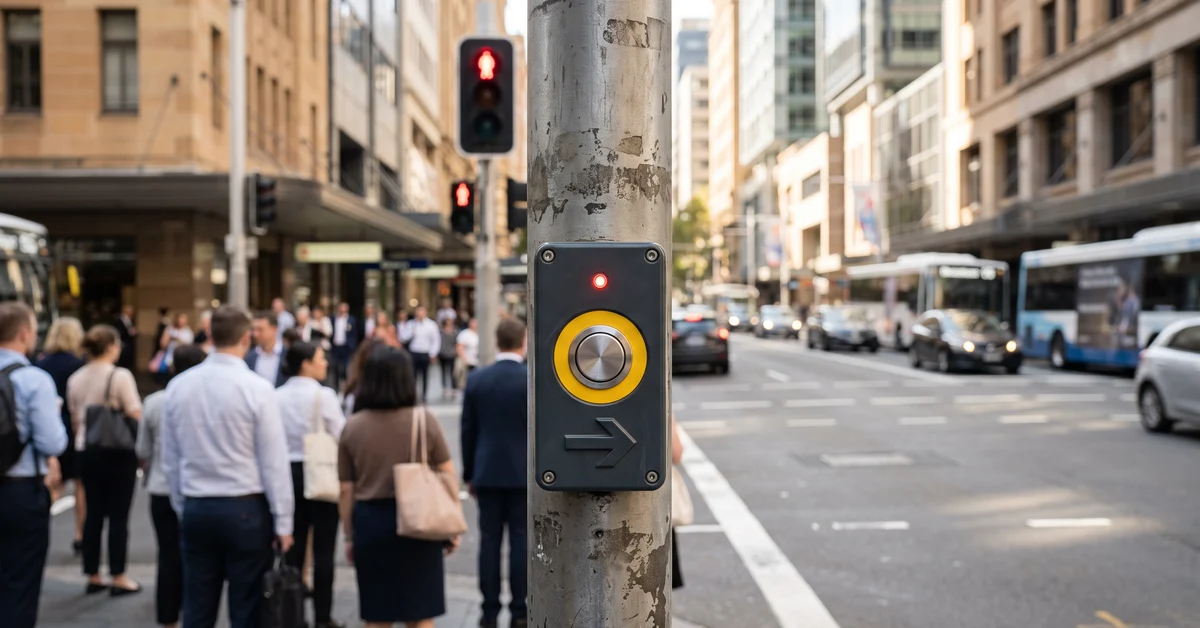 Australian pedestrian crossing button on a busy city corner