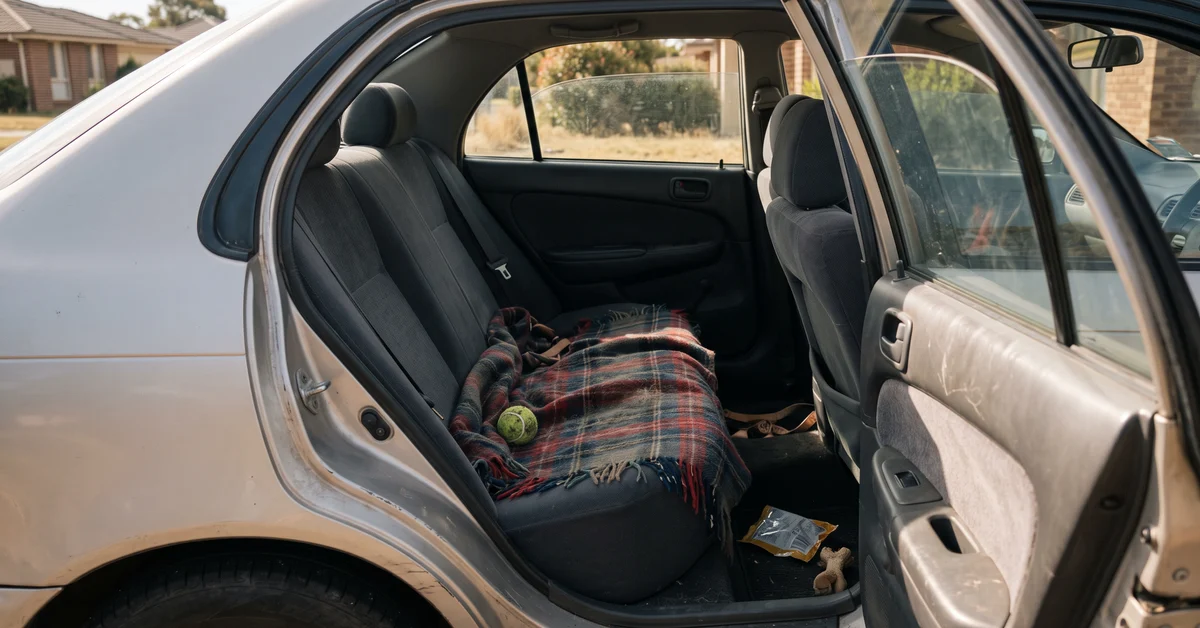 Backseat of an older white sedan with a plaid blanket, a tennis ball, and a dog bone toy on the seat. The passenger door is open, showing a casual, lived-in interior.