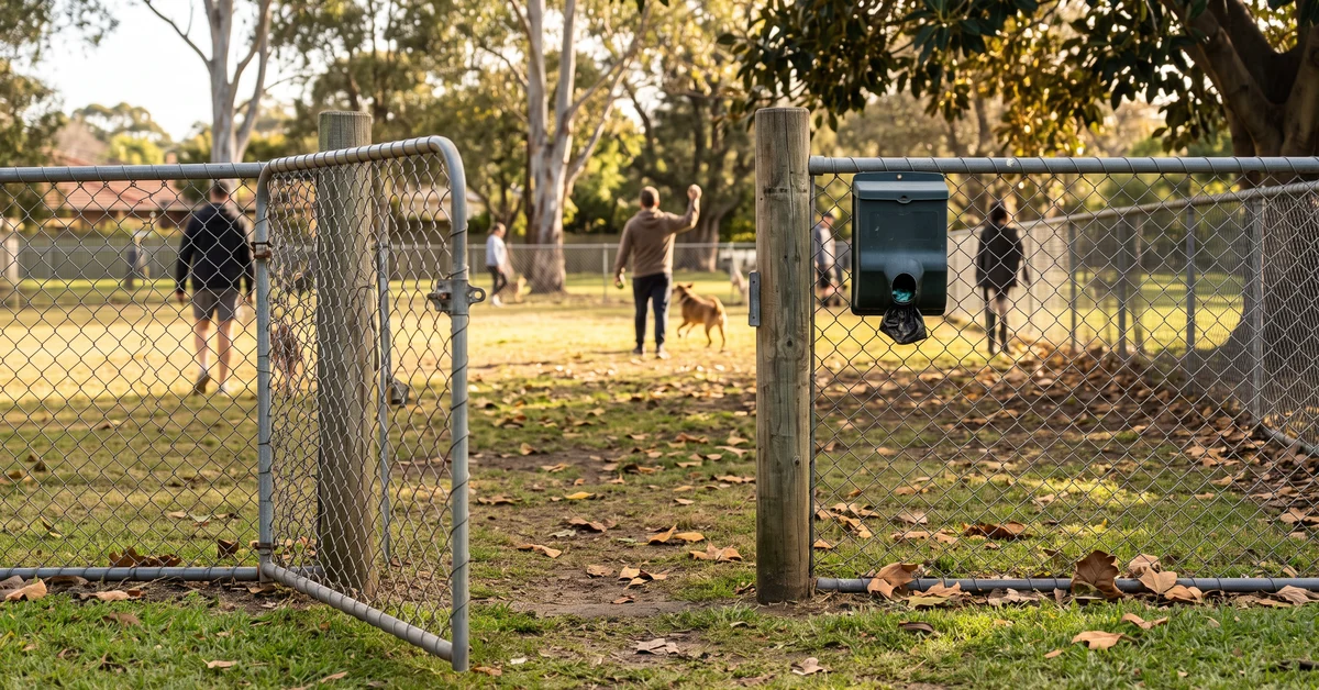 Open gate to a suburban off-leash dog park in the morning