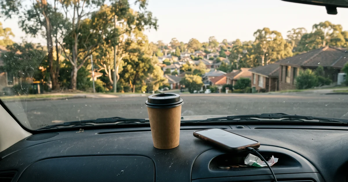 Takeaway coffee cup on a car dashboard at a quiet lookout
