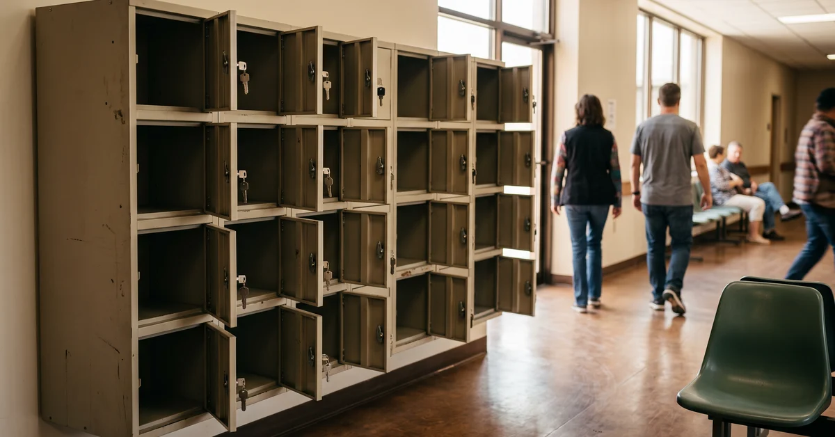 Row of beige metal lockers with open doors lining a school hallway, sunlight from windows on the right, and a green chair in the foreground.