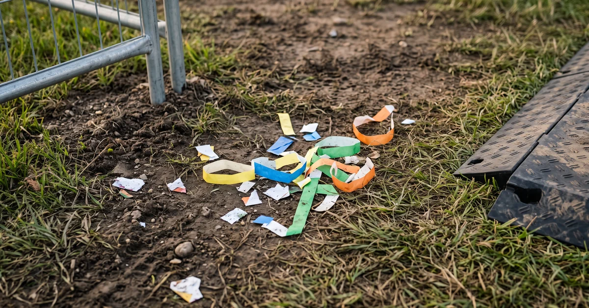 Cut paper wristbands on the ground at a festival entry gate