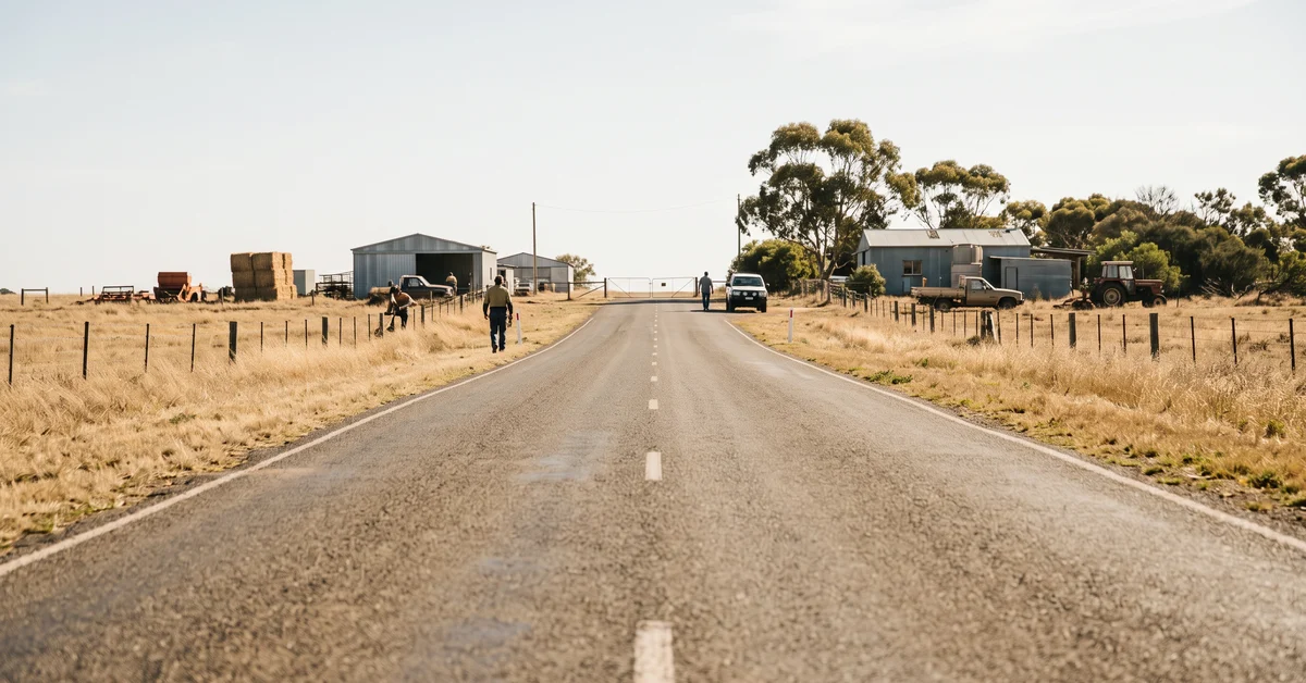 Long straight country road running towards distant low buildings