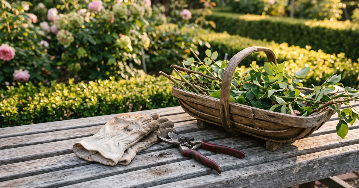 Gardening gloves and secateurs on a sunlit garden bench
