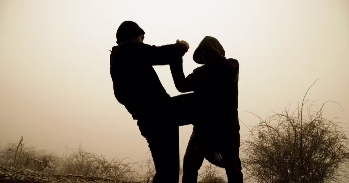 two teenagers wearing hoodies fighting with each other