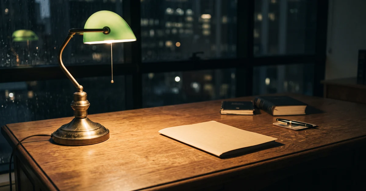 Desk at night with a brass desk lamp, an open notebook, a pen, and two books against a city-lit window backdrop.