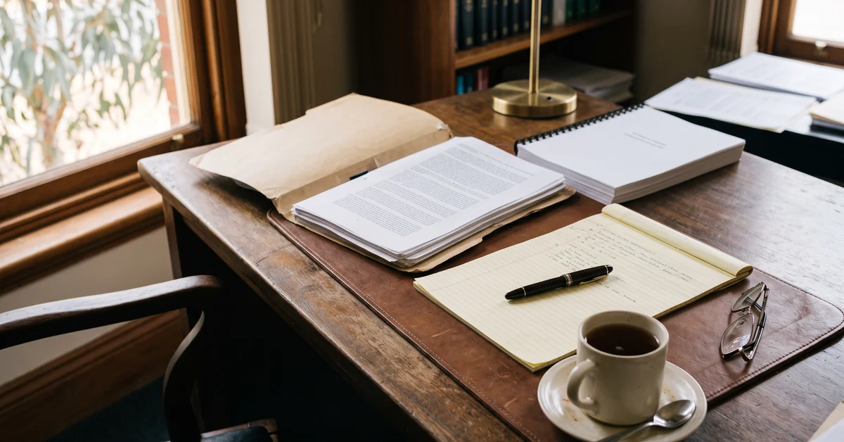 Solicitor's desk with an open brief, a clinical report and reading glasses