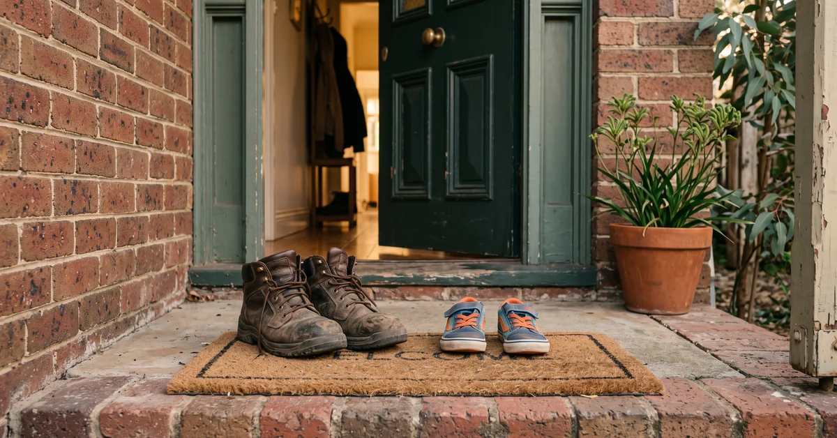 Adult and child shoes side by side on a suburban front doorstep