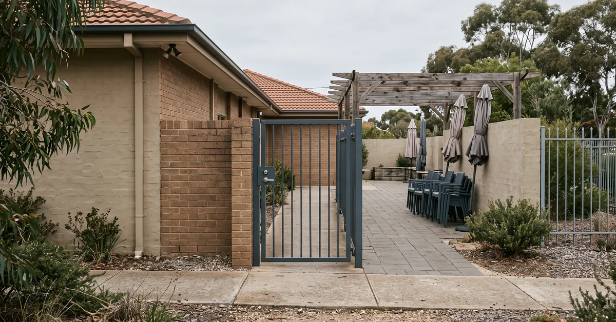 Blue metal gate opens to a paved courtyard framed by brick walls and a beige building, with a row of stacked outdoor chairs under a wooden pergola and closed umbrellas along a beige wall.