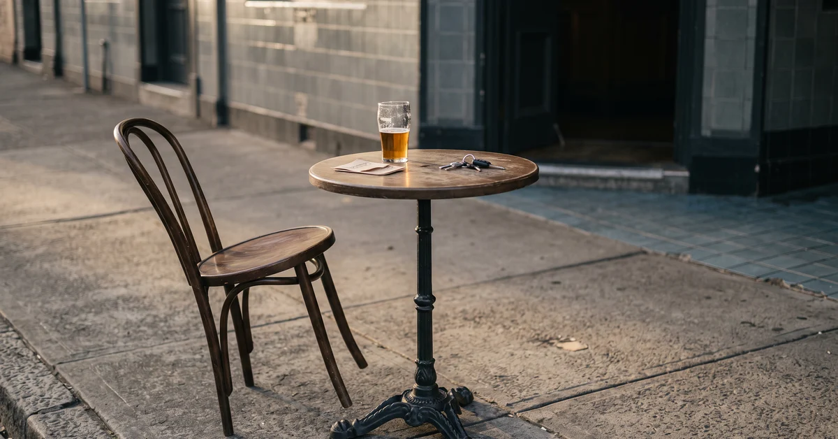 Half-finished beer and an empty chair at a pub's footpath table