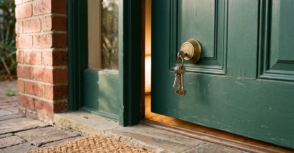 House keys hanging in the lock of a front door