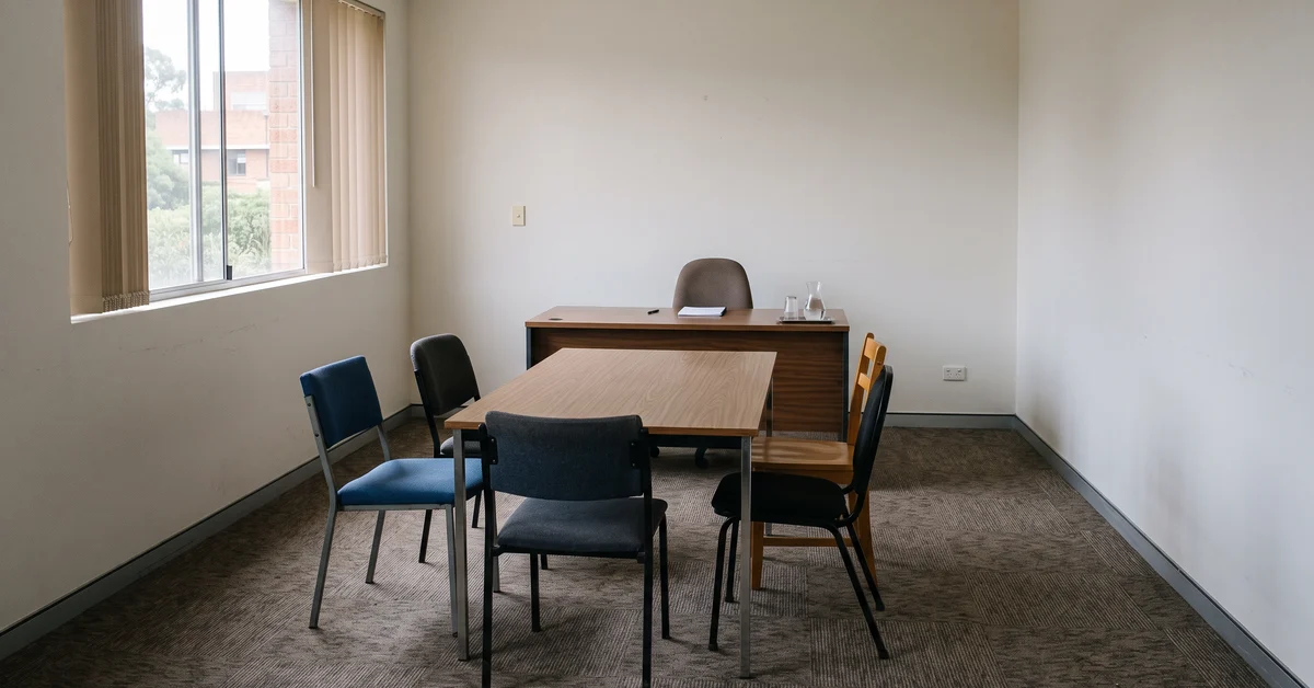 Small plain hearing room with a table and chairs
