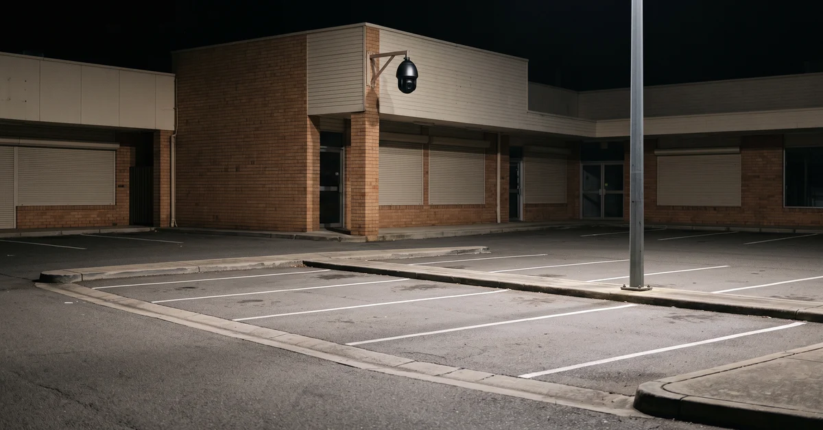 Security camera above an empty suburban shopping strip car park at night