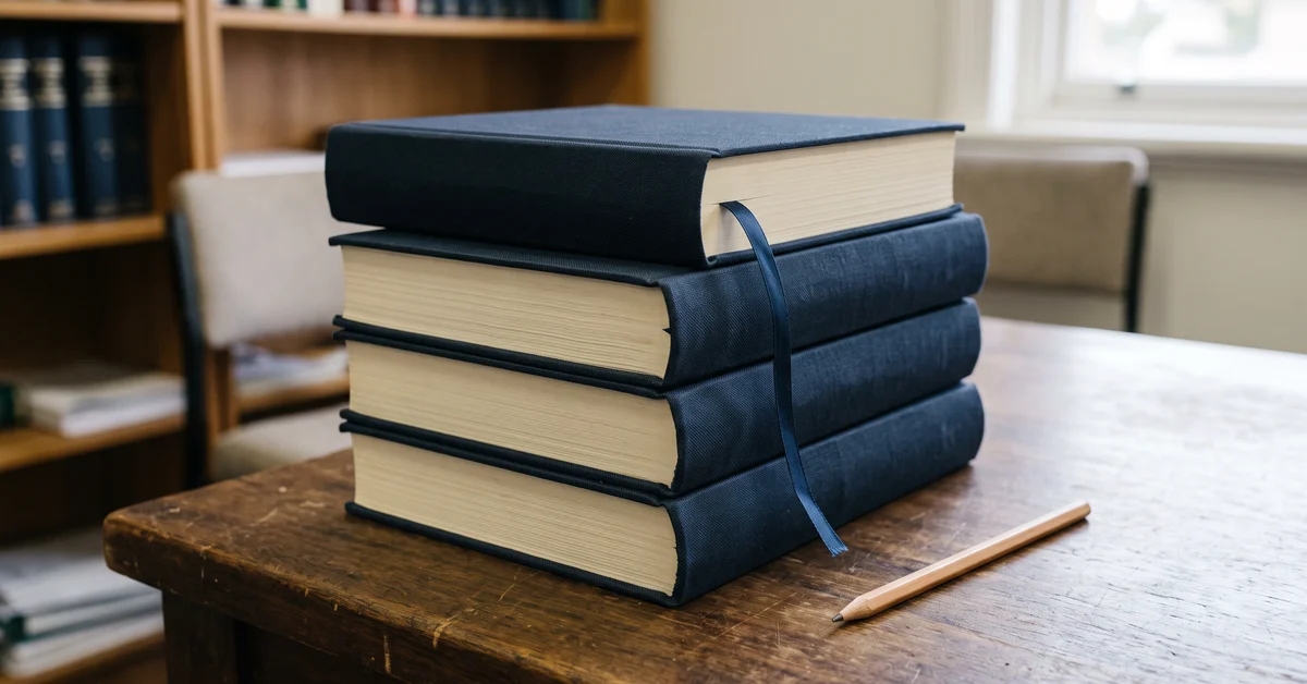 Stack of bound transcript volumes on a desk with a ribbon marker