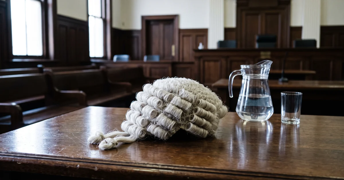 Barrister's wig and water jug on a courtroom bar table