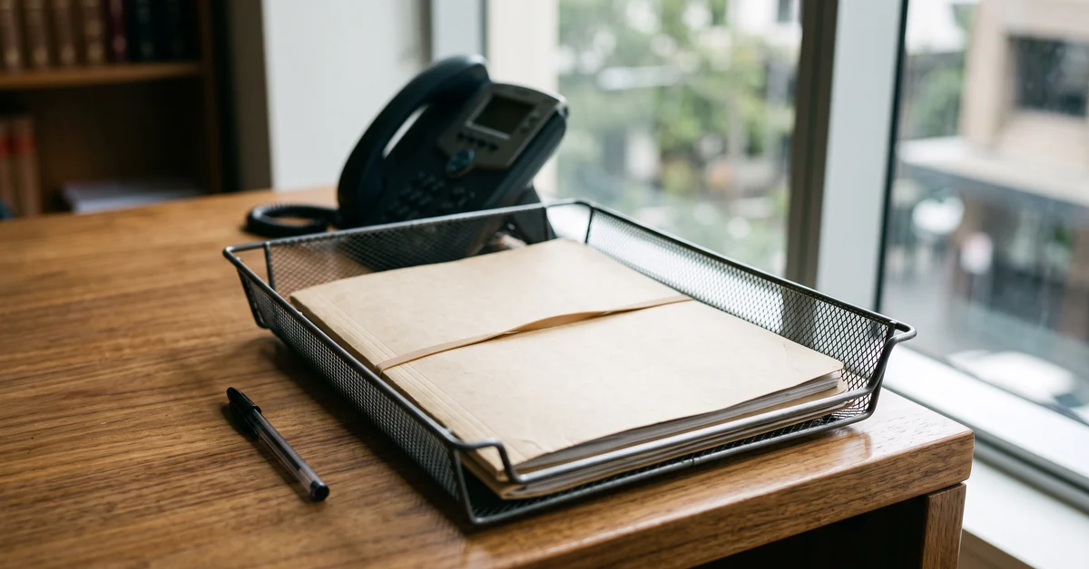 Desk with a closed notebook tied with a rubber band in a black mesh tray, a pen nearby, and a desk phone in the background by a window.