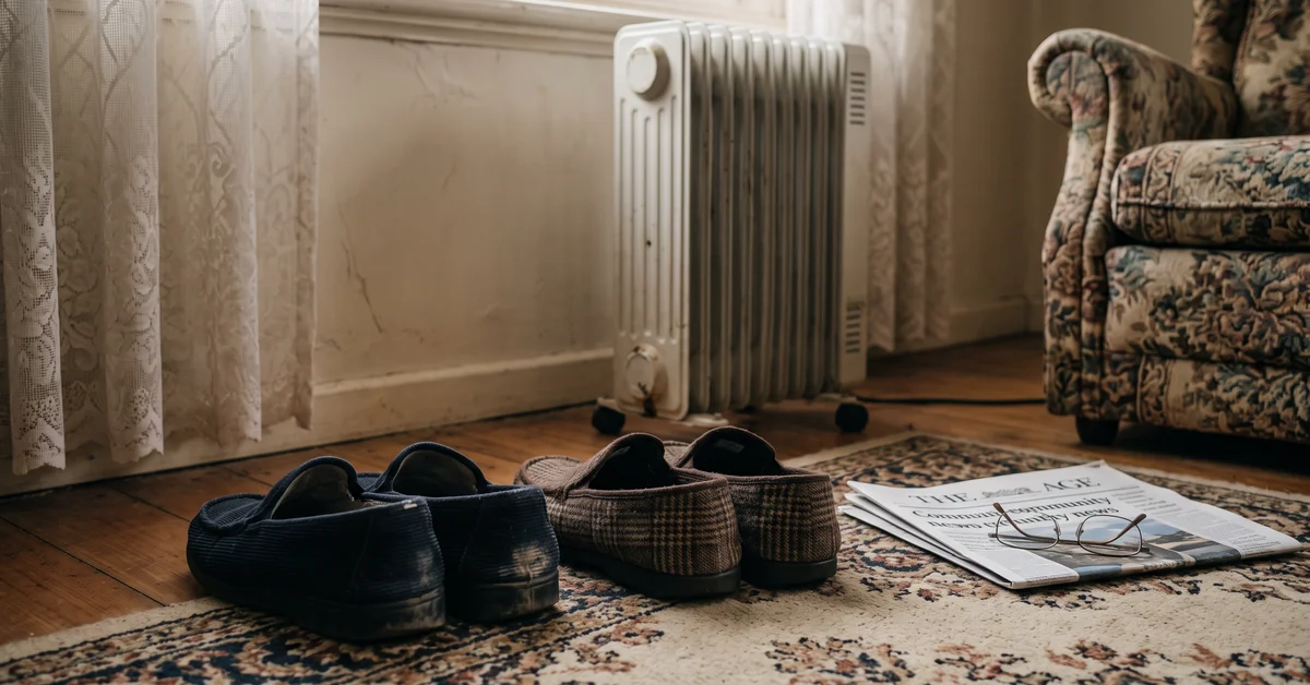 A pair of dark blue and plaid slippers sits on a patterned rug in front of a vintage radiator, with a newspaper and reading glasses nearby, and a floral upholstered chair in the background.