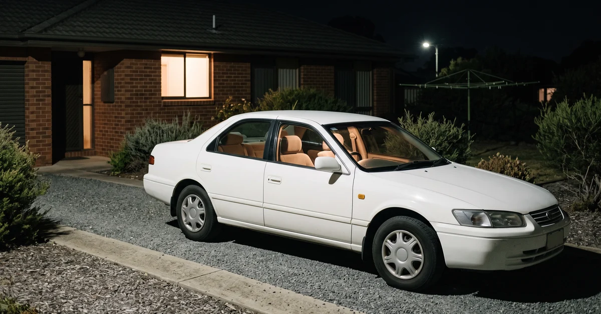 Car parked in a suburban driveway at night with the interior light on