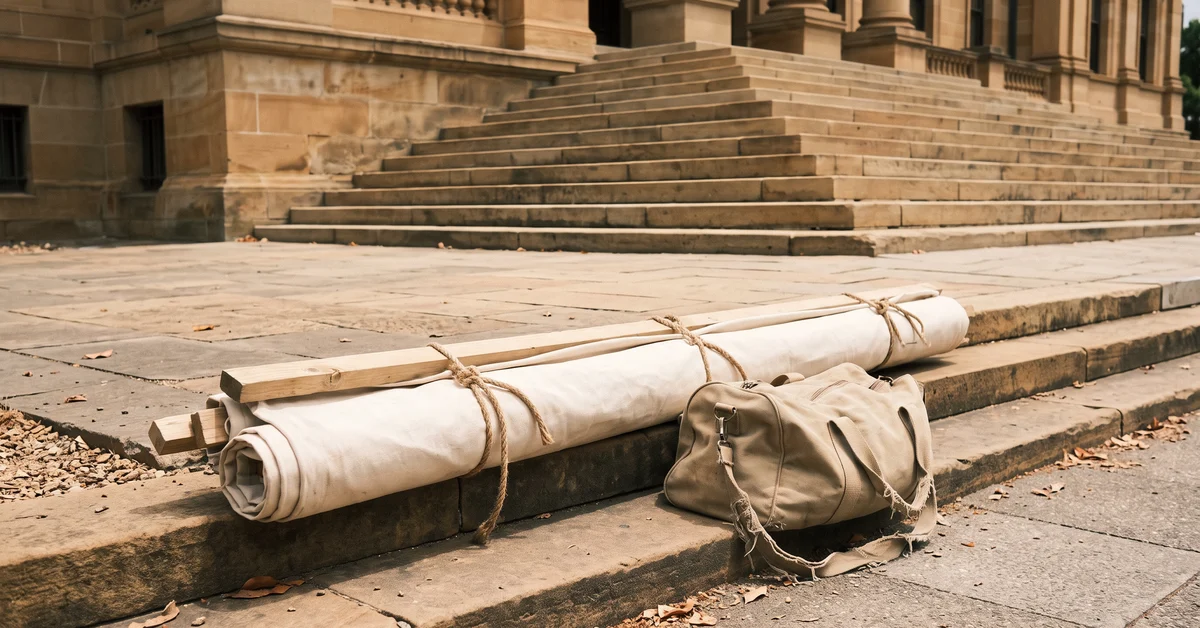 Rolled cloth protest banner leaning against sandstone steps