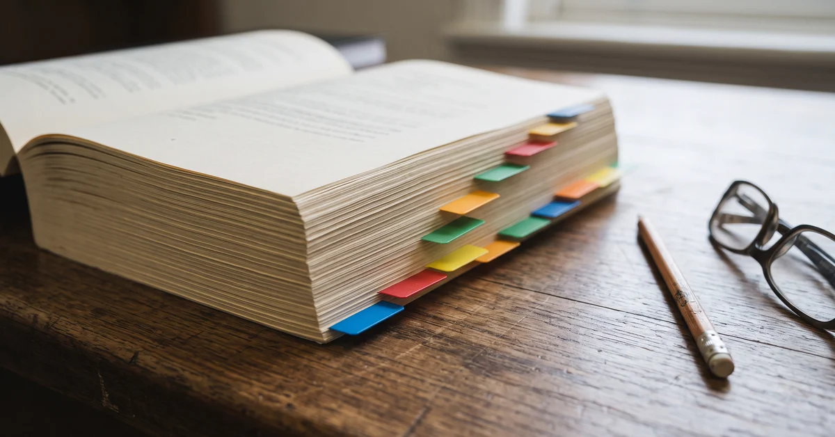 Tabbed brief of papers on a desk with coloured index tabs
