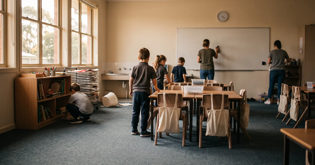 Empty primary school classroom with chairs stacked on desks
