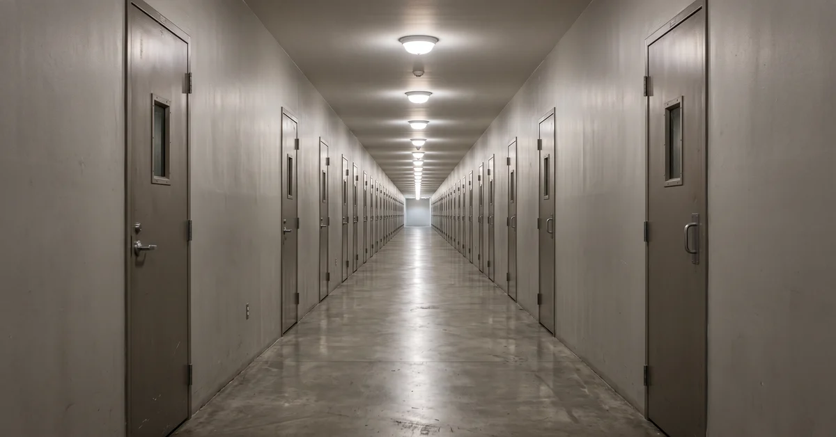 Long corridor of identical closed doors receding into the distance