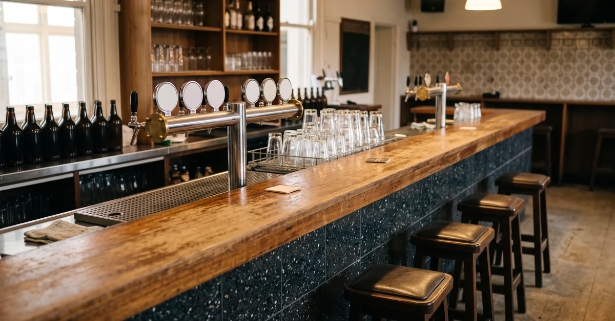 Long wooden bar with brass beer taps and a row of stools, glassware on the counter, bottles on shelves behind.