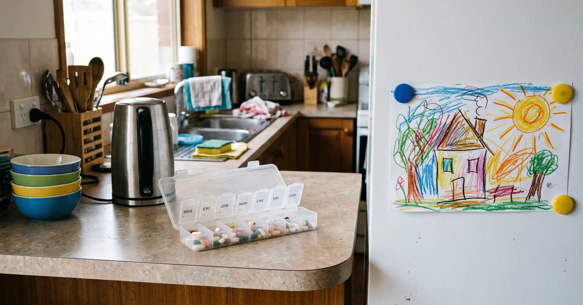 Weekly pill organiser on a kitchen bench with a child's drawing on the fridge