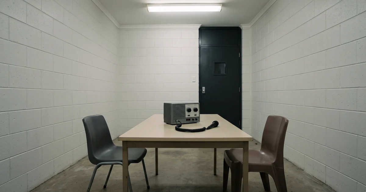 Empty police interview room with a recording unit on the table