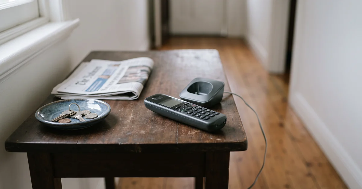 Landline handset lifted off its cradle on a hall table