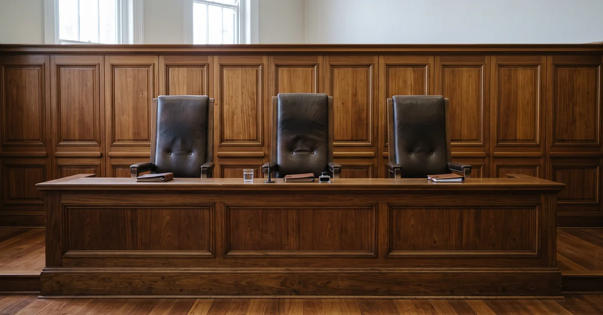 Three empty judicial chairs behind the bench of an appellate courtroom