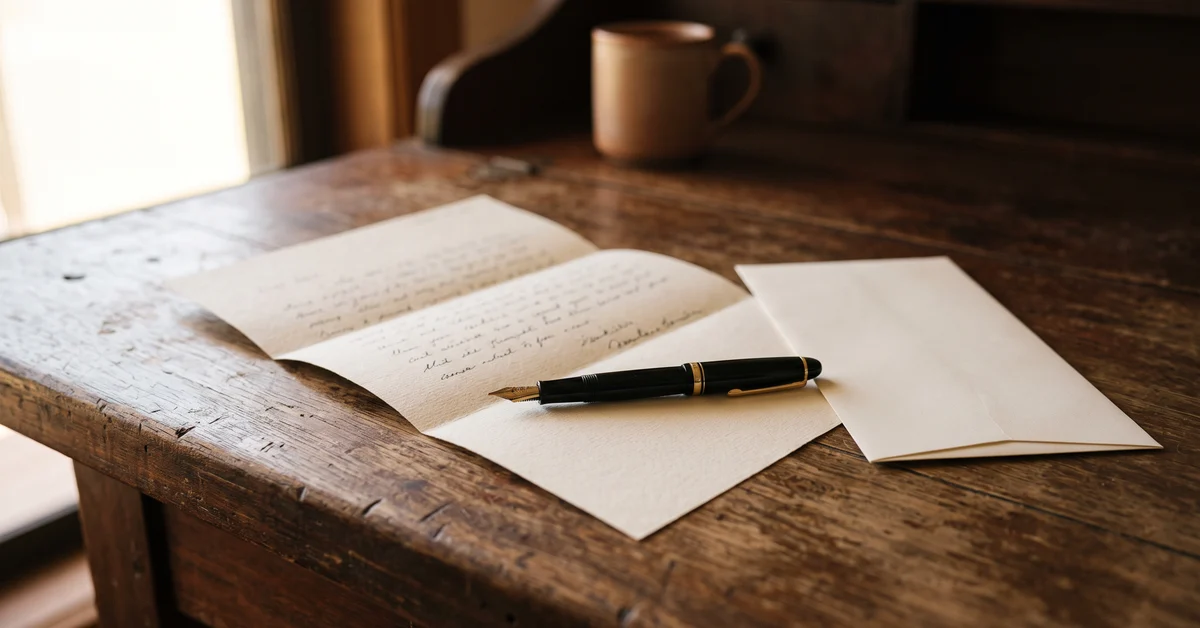 Fountain pen on a folded sheet of writing paper beside an envelope