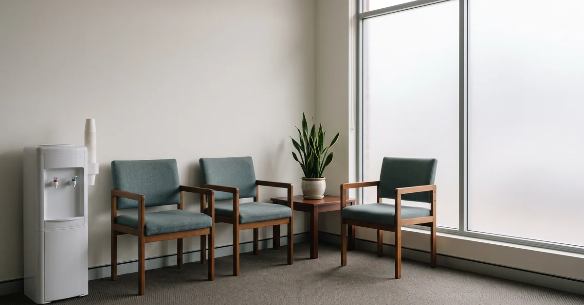 Empty chairs and a water cooler in a small clinic waiting room
