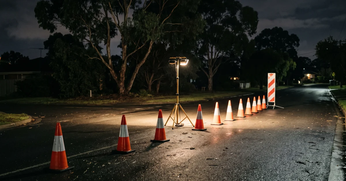 Traffic cones narrowing a lane at a night-time roadside stop