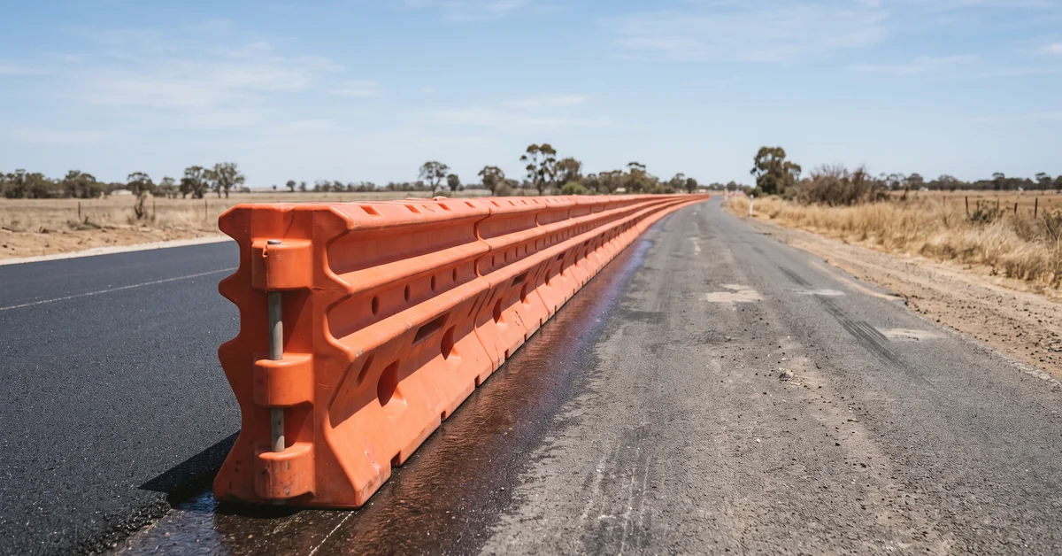 Orange water-filled barriers along a highway roadworks zone