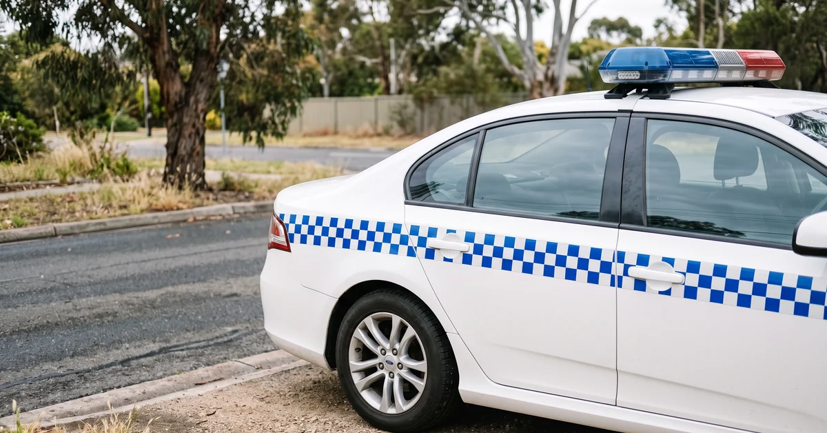 White police car with blue checkered stripe and roof lights parked on a suburban street by a curb.